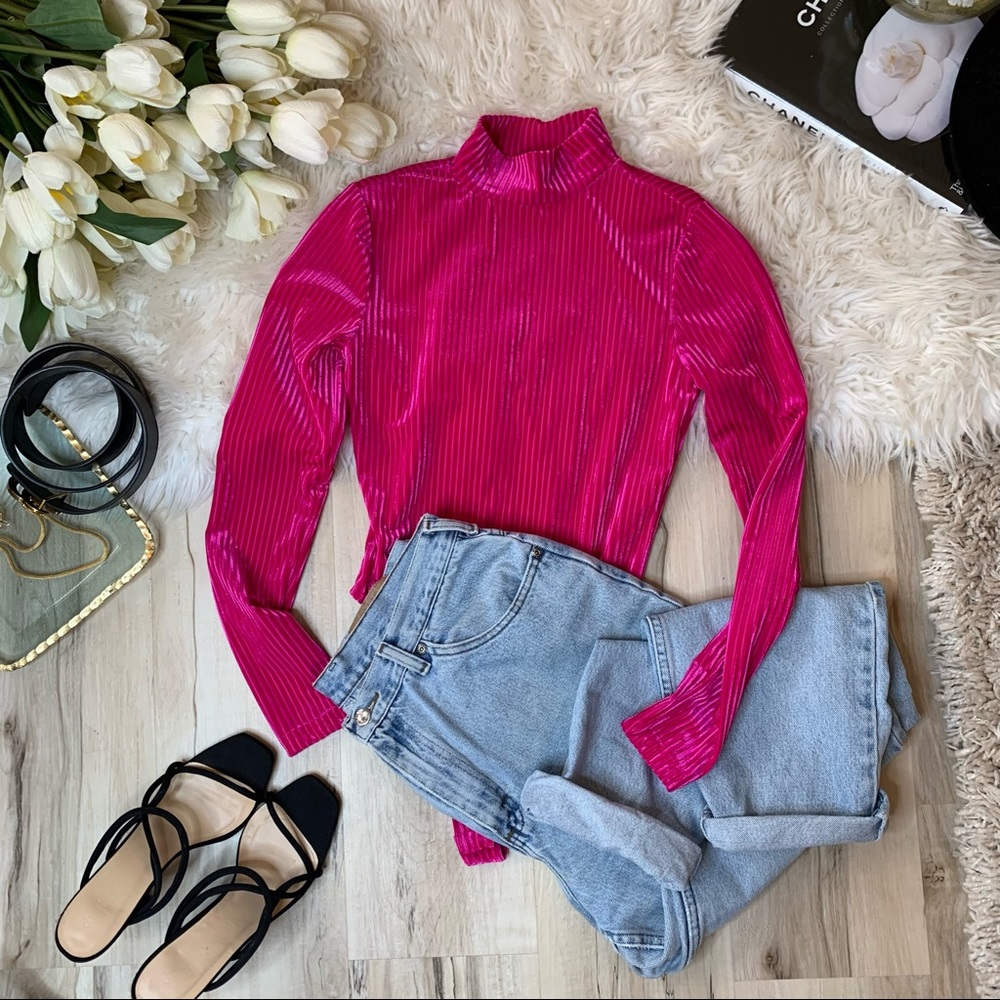 Forever 21 Bright Pink Striped Long Sleeve Body Suit size:S